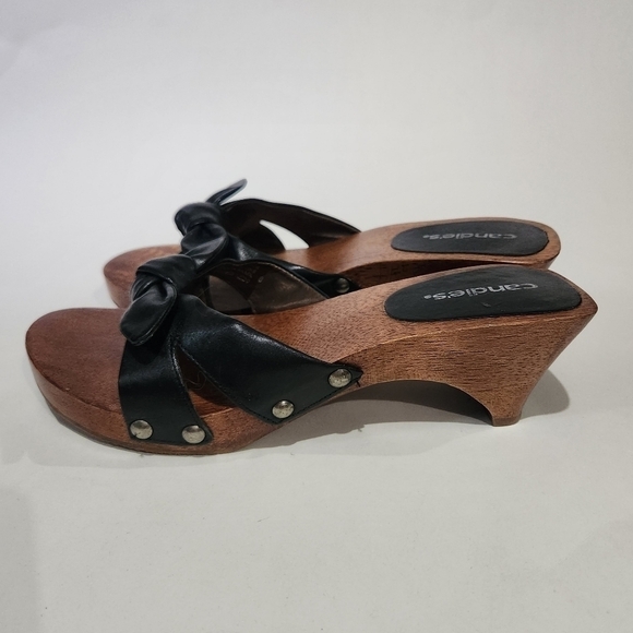 Vintage 80's Wood and Leather Candies Mule Sandal Heel sz 8 - Picture 5 of 12